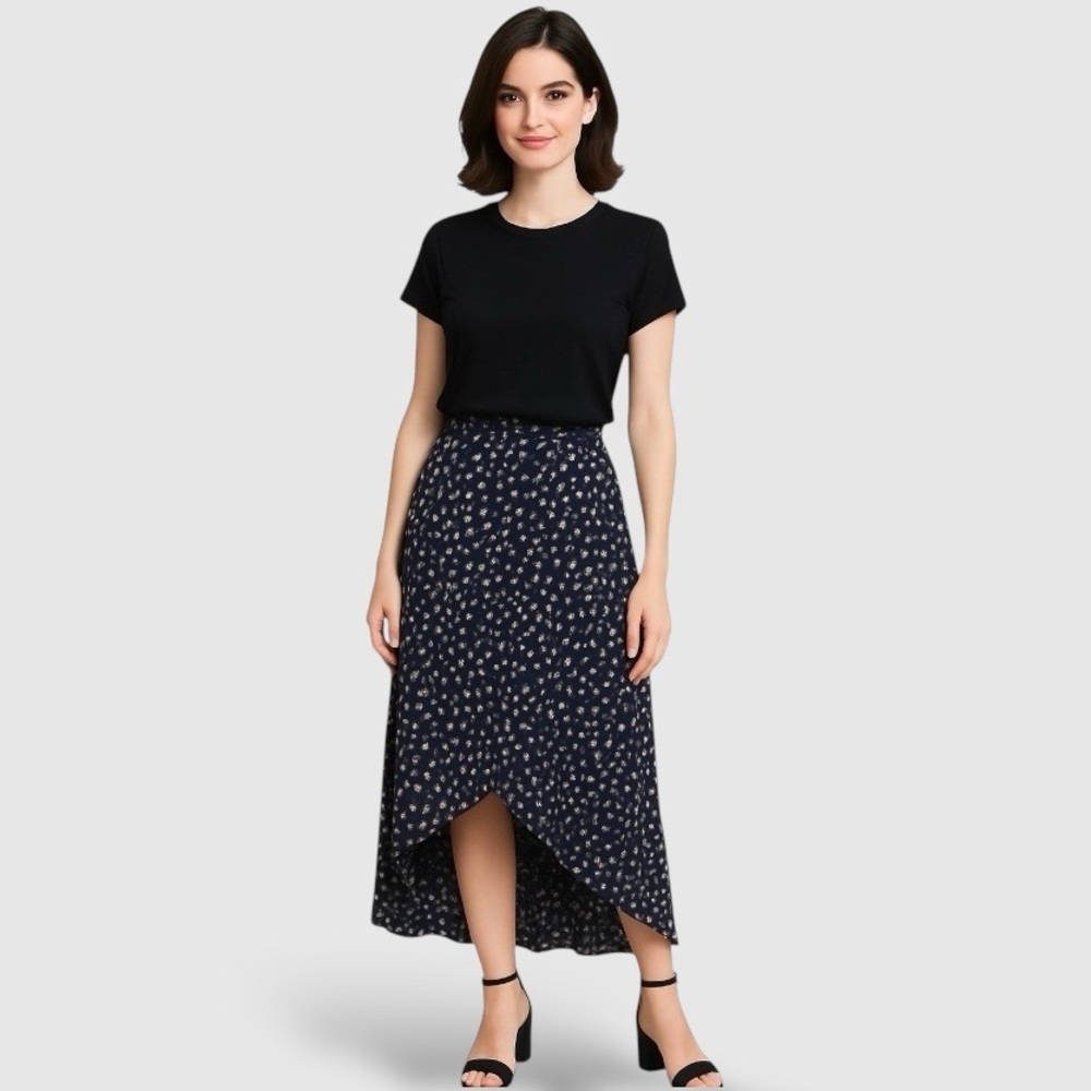 Navy Blue Floral High-Low Maxi Skirt with Elastic Waistband